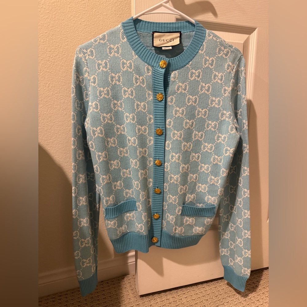 Gucci Women’s GG Bow Pattern Wool-Blend Cardigan Sweater Size M